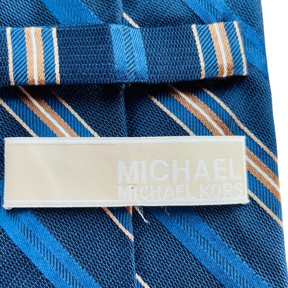 Michael Kors Blue Tan Silk Regimental Striped Classic Designer Men's Tie - Picture 5 of 8